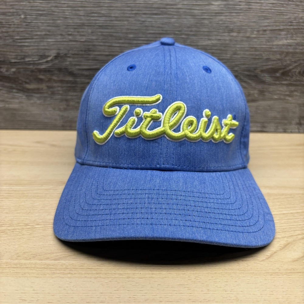 Titleist Hat Cap Fitted S/M Blue Yellow Script Golf Mens Stretch Fit